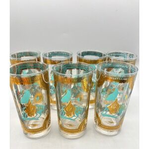 Fred Press Trojan Horse Highball Glasses Set of 7 Turquoise Gold MCM Vintage